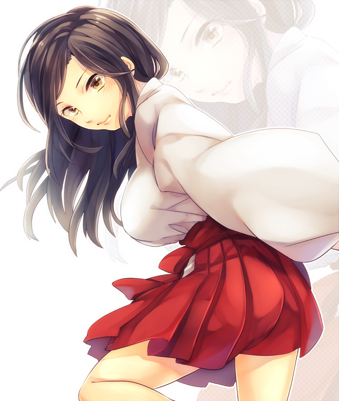 1girl arms_behind_back black_hair blush breasts brown_eyes idolmaster idolmaster_cinderella_girls large_breasts leaning_forward leg_up light_smile long_hair long_sleeves looking_at_viewer looking_to_the_side mukai_takumi nontraditional_miko pleated_skirt red_skirt shirt simple_background skirt solo standing_on_one_leg tabi_(artist) white_background white_shirt wide_sleeves
