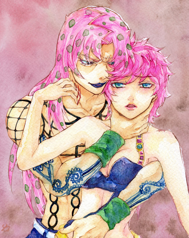 arms_around_waist blood blue_eyes bra diavolo father_and_daughter fishnets hand_on_another's_neck jojo_no_kimyou_na_bouken lipstick lo_lis makeup pink_hair pink_lipstick scratching strap tattoo traditional_media trish_una underwear watercolor_(medium) wristband