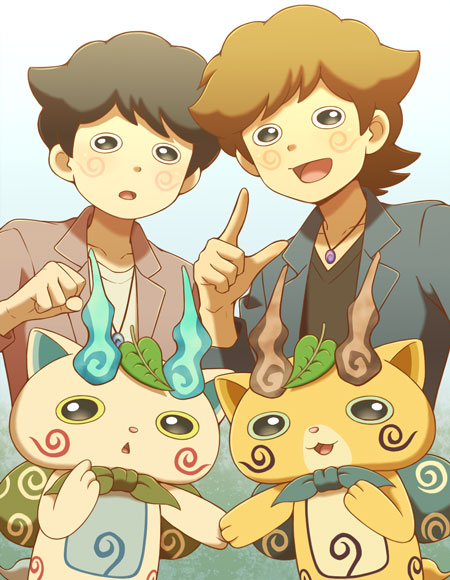 2boys black_eyes black_hair brothers brown_hair cyaneko dual_persona furoshiki gradient gradient_background holding_hands jewelry koma-san komajirou leaf leaf_on_head male_focus multiple_boys necklace open_mouth personification siblings triangle_mouth youkai youkai_watch