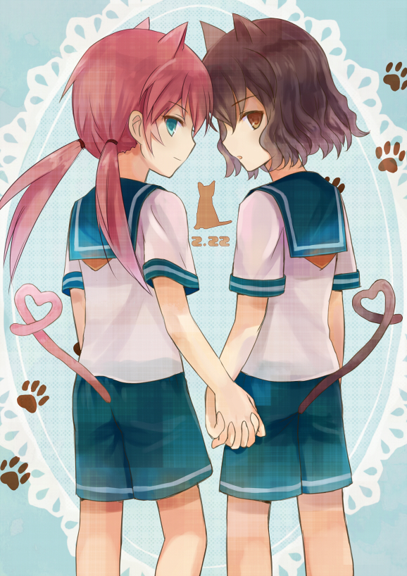2boys :o animal_ears aqua_eyes barufoa brown_eyes brown_hair cat cat_day cat_ears cat_tail dated from_behind heart heart_tail holding_hands inazuma_eleven_(series) inazuma_eleven_go kemonomimi_mode kirino_ranmaru long_hair looking_back male_focus multiple_boys paw_print pink_hair sailor_collar shindou_takuto shorts silhouette tail twintails