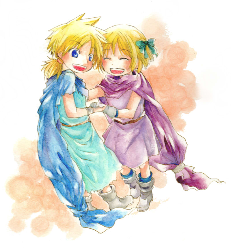 1boy 1girl bianca's_daughter bianca's_son blonde_hair blue_eyes blush boots bow cape closed_eyes colored_pencil_(medium) dancing dragon_quest dragon_quest_v gloves hair_bow holding_hands nib_pen_(medium) short_hair short_ponytail siblings simple_background sketch smile traditional_media twins watercolor_(medium) zunko