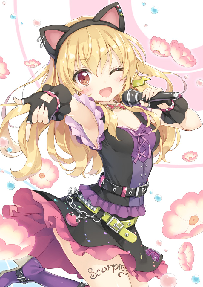 1girl ;d aikatsu! animal_ears belt black_gloves blonde_hair blush boots cat_ears earrings fake_animal_ears fingerless_gloves flower gloves hair_ornament hoshimiya_ichigo jewelry long_hair looking_at_viewer microphone necklace one_eye_closed open_mouth peko red_eyes skirt small_breasts smile solo