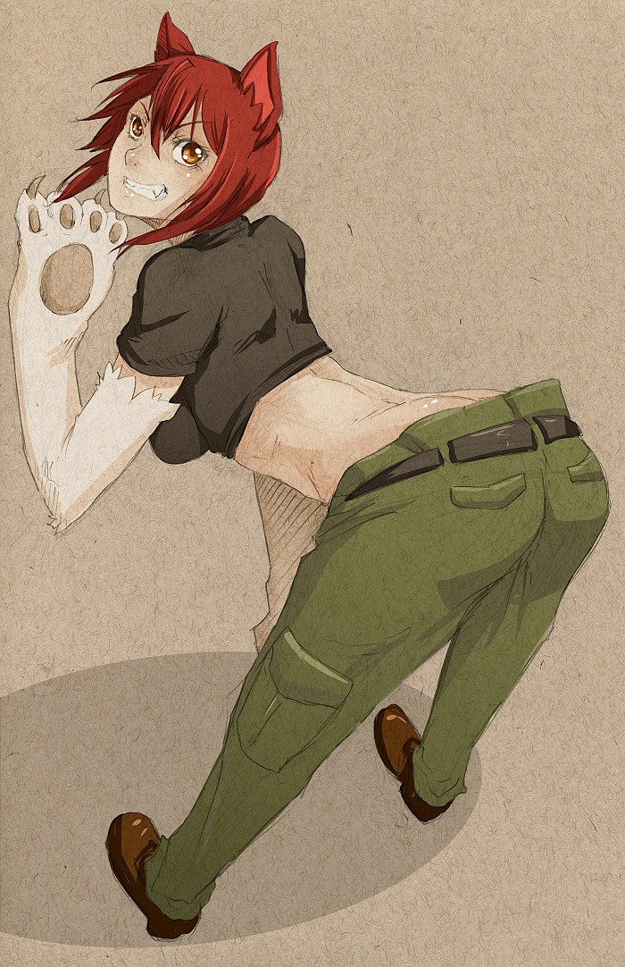 1girl babydoll_t-shirt bent_over breasts butt_crack cargo_pants crop_top fang from_behind full_body grin kaibutsu_oujo looking_back midriff pants paws redhead riza_wildman shoes short_hair smile solo whistle_frog yellow_eyes