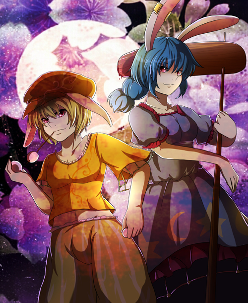 2girls animal_ears azumi-kun blonde_hair blue_hair cherry_blossoms crop_top ear_clip flat_cap floral_background food full_moon hat kine layered_dress light_smile looking_at_viewer midriff mochi moon multiple_girls navel ponytail puffy_short_sleeves puffy_sleeves rabbit_ears raised_hand red_eyes ringo_(touhou) seiran_(touhou) short_hair short_sleeves striped_shorts toothpick touhou wagashi