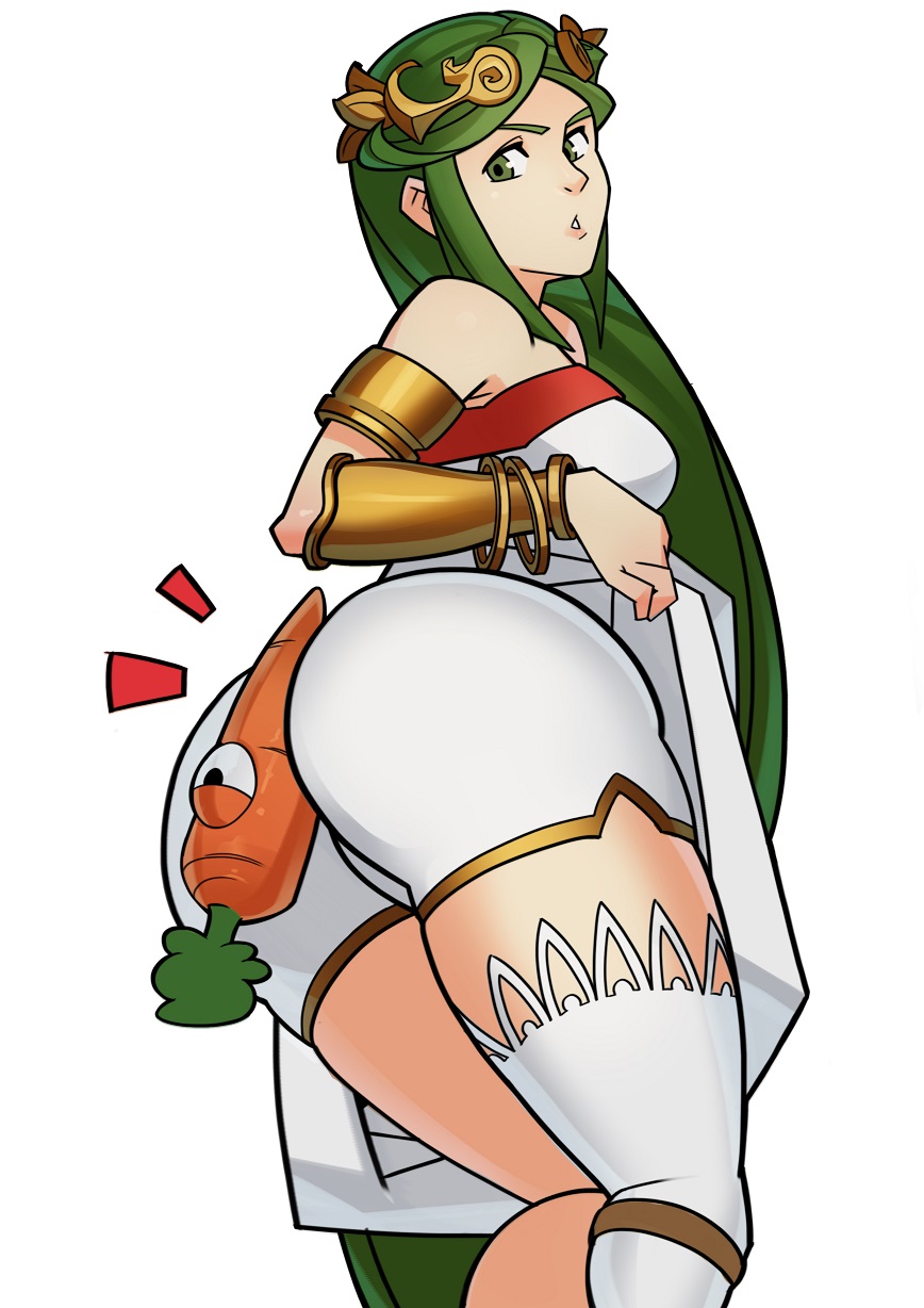 1girl ass bare_shoulders between_buttocks breasts carrot green_eyes green_hair highres kid_icarus long_hair looking_back looking_down palutena simple_background single_thighhigh solo splashbrush thigh-highs thighs white_background white_legwear