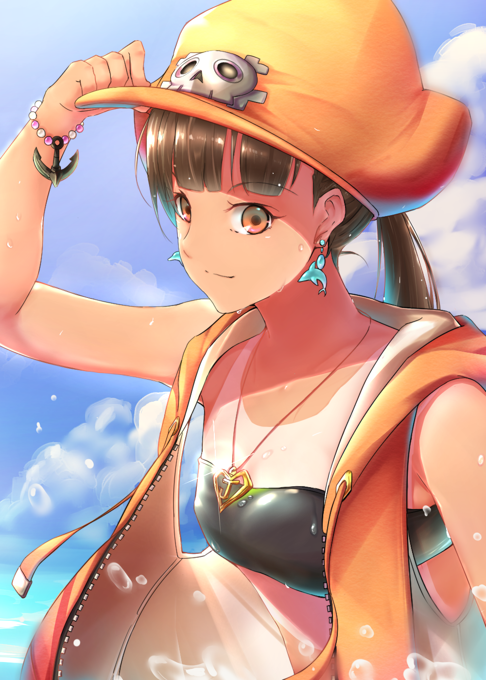 1girl anchor bangs blunt_bangs bracelet brown_eyes brown_hair dark_skin earrings guilty_gear hat heart highres jewelry long_hair may_(guilty_gear) necklace one-piece_tan open_clothes otsumami_(otsu-mugi) pearl pendant ponytail sleeveless sleeveless_hoodie small_breasts smile solo strapless tan tanline tubetop