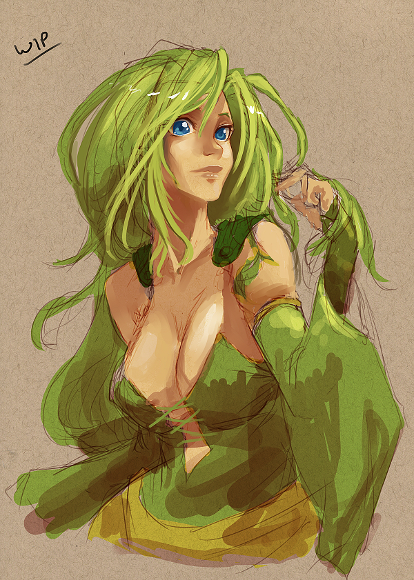 1girl breasts cape cleavage detached_sleeves final_fantasy final_fantasy_iv green_eyes green_hair lips long_hair nose rydia solo upper_body whistle_frog wide_sleeves work_in_progress