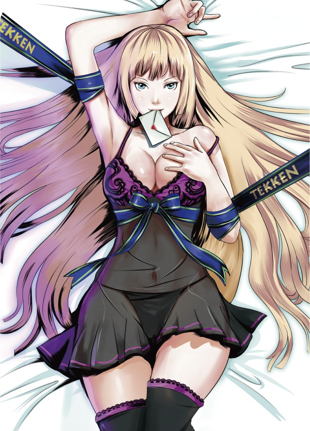 1girl armpits artist_request babydoll black_legwear black_panties blonde_hair blue_eyes breasts cleavage emilie_de_rochefort lace_trim large_breasts letter lili_(tekken) lingerie lying mouth_hold namco negligee official_art on_back on_bed panties photoshop ribbon see-through smile solo strap_slip tekken tekken_tag_tournament_2 textless thigh-highs underwear
