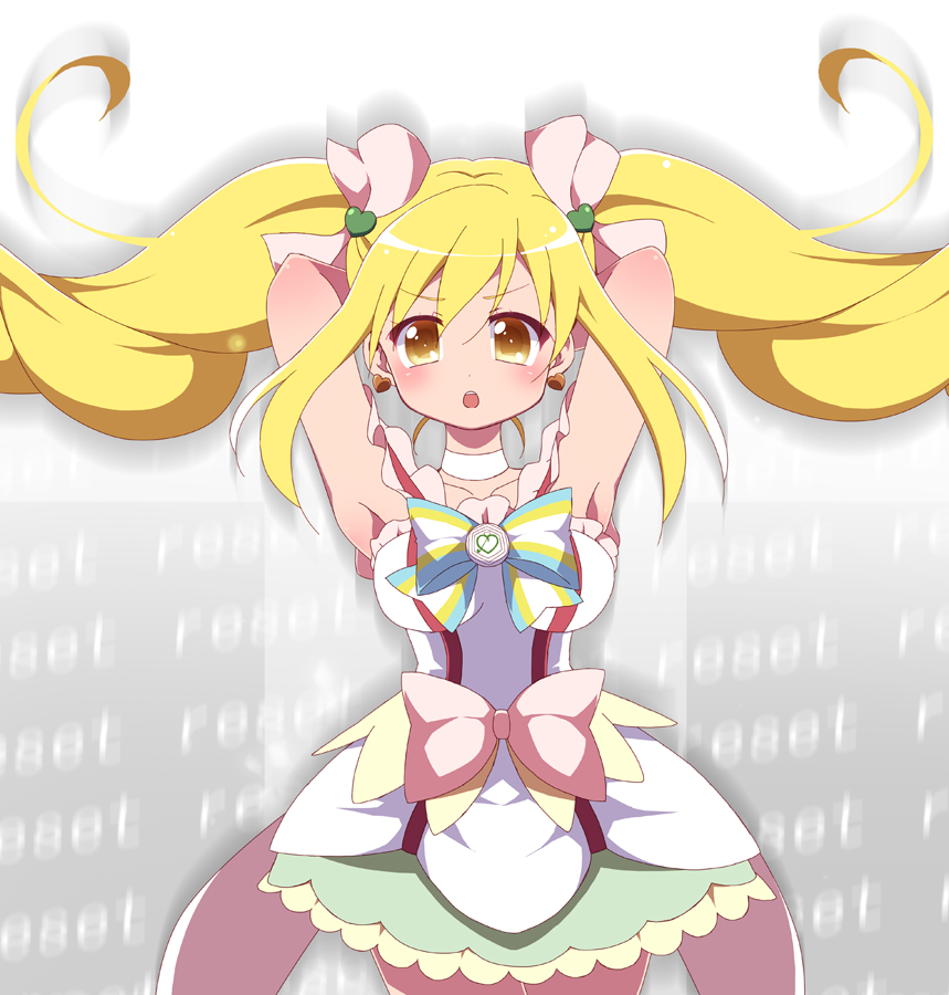 1girl :o armpits arms_up blonde_hair blush bow brooch brown_eyes choker cure_echo earrings hair_bow hair_ornament heart heart_earrings heart_hair_ornament jewelry long_hair magical_girl pink_bow precure precure_all_stars_new_stage:_mirai_no_tomodachi sakagami_ayumi skirt solo striped striped_bow ts1016 twintails