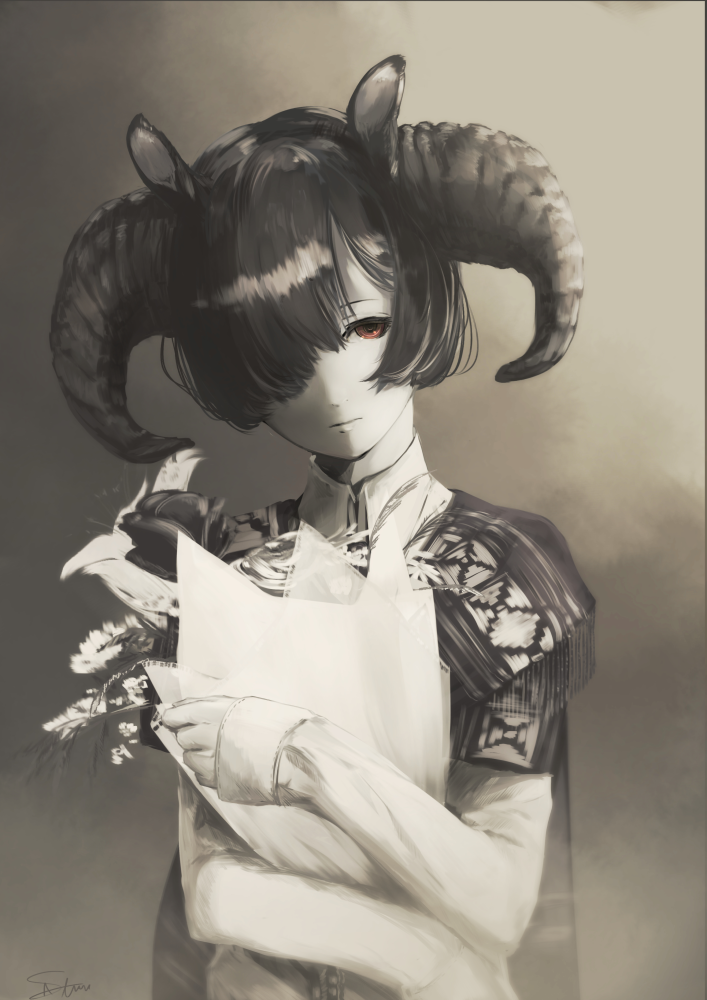 1girl bouquet brown_eyes chamomile flower goat_ears goat_horns hair_over_face hair_over_one_eye head_tilt holding horns lily_(flower) long_sleeves original rose sepia short_hair simple_background solo spot_color standing tulip yugeoryouki