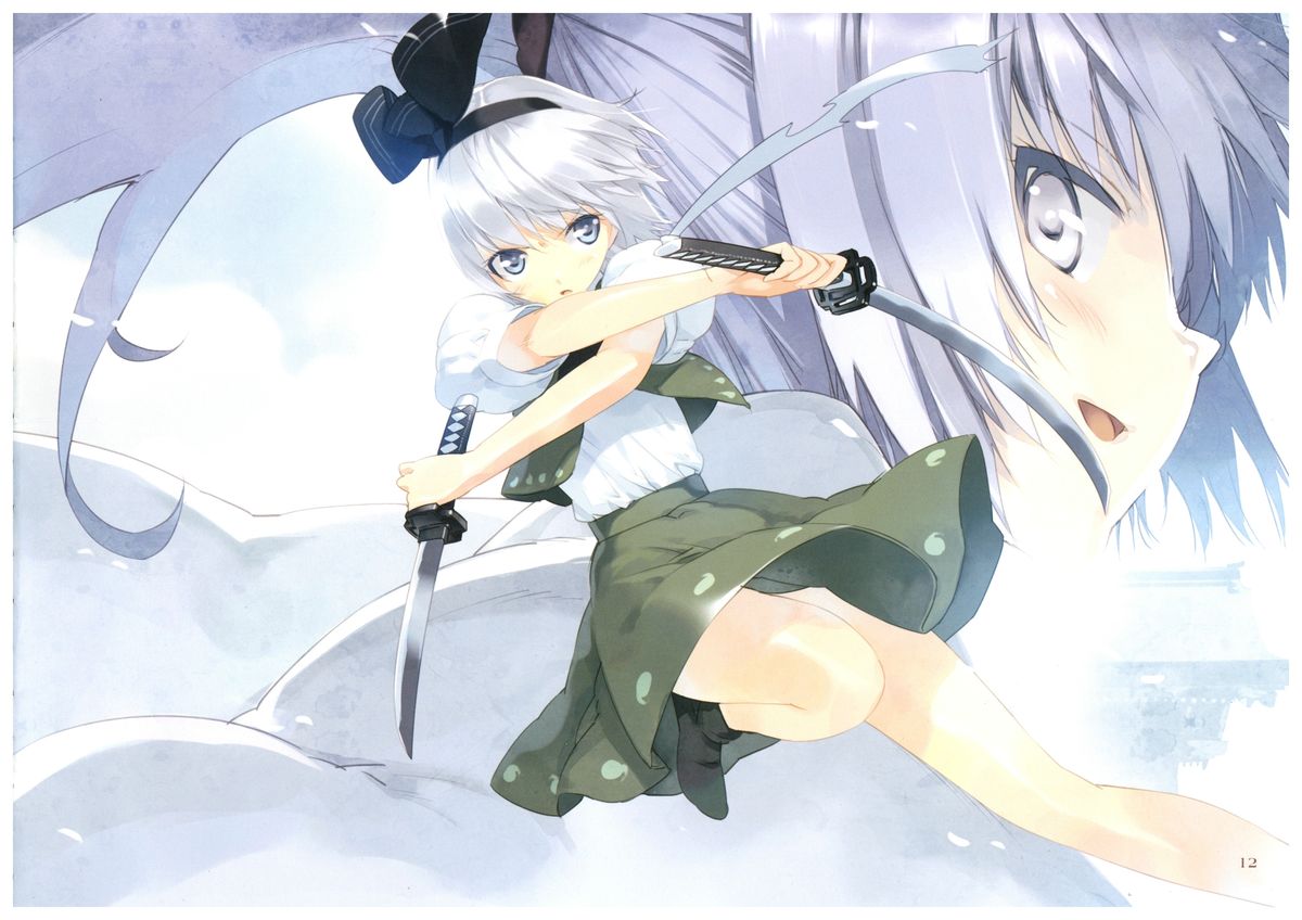 2girls blush bow grey_eyes hairband katana konpaku_youmu leg_up long_hair looking_at_viewer mononobe_no_futo multiple_girls open_clothes open_mouth open_vest ponytail profile projected_inset puffy_sleeves scan scan_artifacts short_hair short_sleeves silver_hair skirt skirt_set smile sword touhou ueda_ryou vest weapon