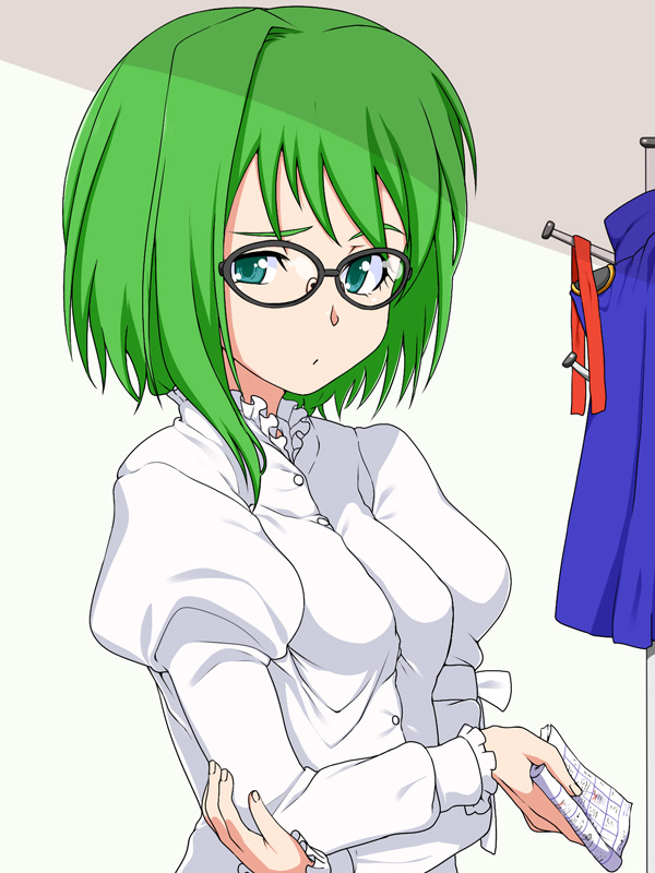 1girl dressing glasses green_eyes green_hair holding_elbow shiki_eiki short_hair solo tenpura_(artist) touhou