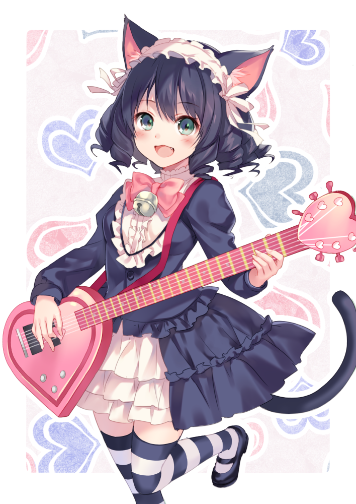 1girl animal_ears aqua_eyes bell blush bonnet bow cat_ears cat_tail cyan_(show_by_rock!!) drill_hair fang fukahire_sanba guitar instrument long_sleeves open_mouth puffy_sleeves purple_hair shirt show_by_rock!! skirt smile solo striped striped_legwear tail thigh-highs zettai_ryouiki