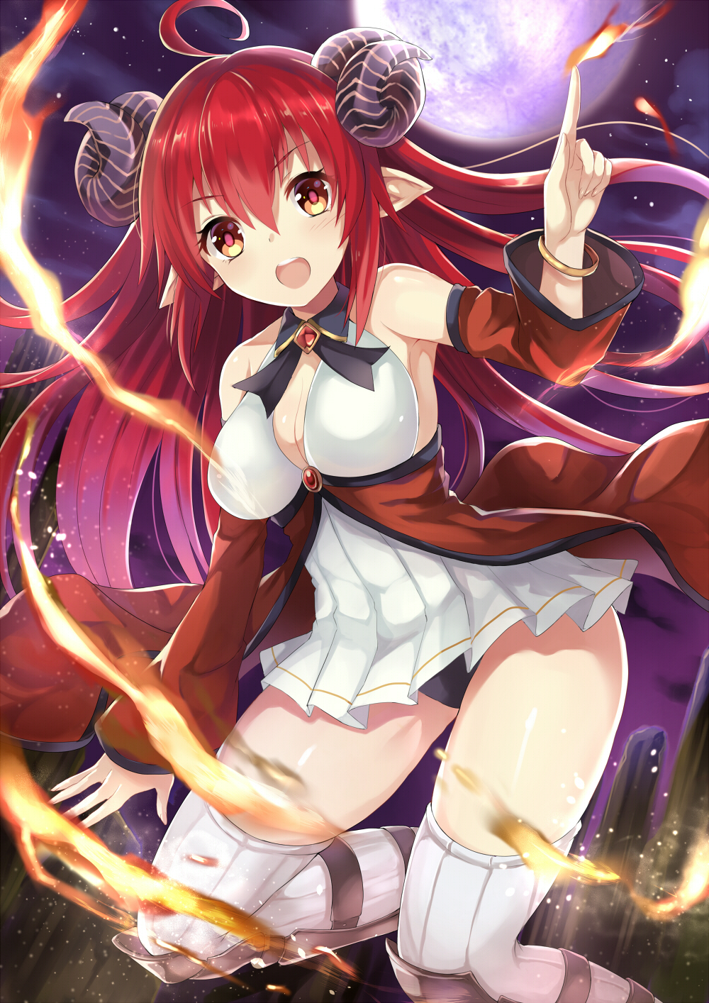 1girl ahoge armpits bare_shoulders blush breasts cleavage detached_sleeves fire full_moon harimoji highres horns long_hair moon night open_mouth original panties pleated_skirt pointy_ears red_eyes redhead skirt sleeveless solo thigh-highs underwear