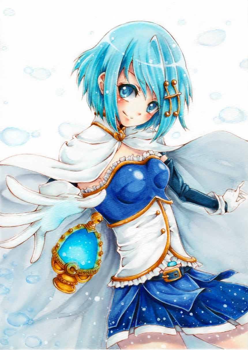 1girl armband belt blue_eyes blue_hair cape foreshortening gloves hair_ornament hairclip highres magical_girl mahou_shoujo_madoka_magica mahou_shoujo_madoka_magica_movie miki_sayaka short_hair skirt smile solo soul_gem traditional_media uta_(yagashiro25) water