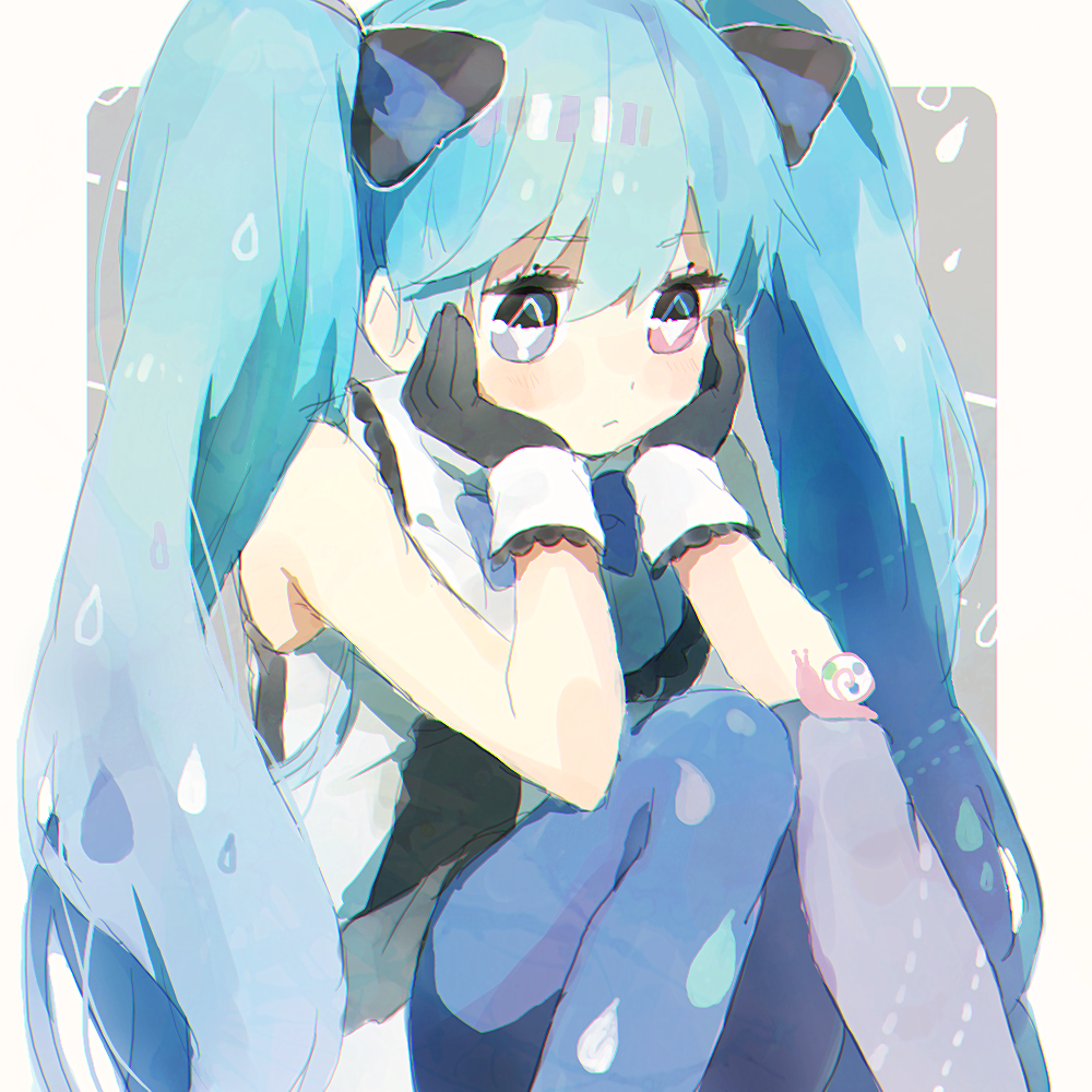 1girl black_gloves blue_eyes blue_hair blue_legwear bow gloves hair_bow hands_on_own_cheeks hands_on_own_face hatsune_miku heterochromia long_hair mismatched_legwear pantyhose pink_eyes sleeveless snail solo twintails very_long_hair vocaloid yuya_kyoro