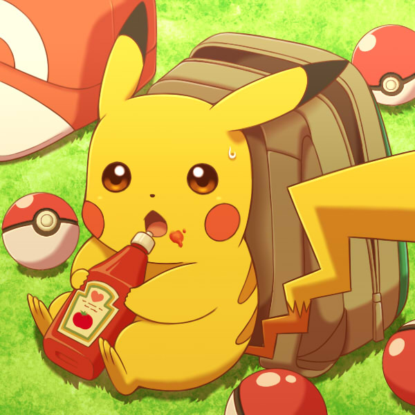 backpack backpack_removed bag baseball_cap bottle brown_eyes cyaneko food food_on_face from_above grass hat hat_removed headwear_removed heart ketchup looking_at_viewer no_humans open_mouth outdoors pikachu poke_ball pokemon pokemon_(creature) solo sweatdrop tomato