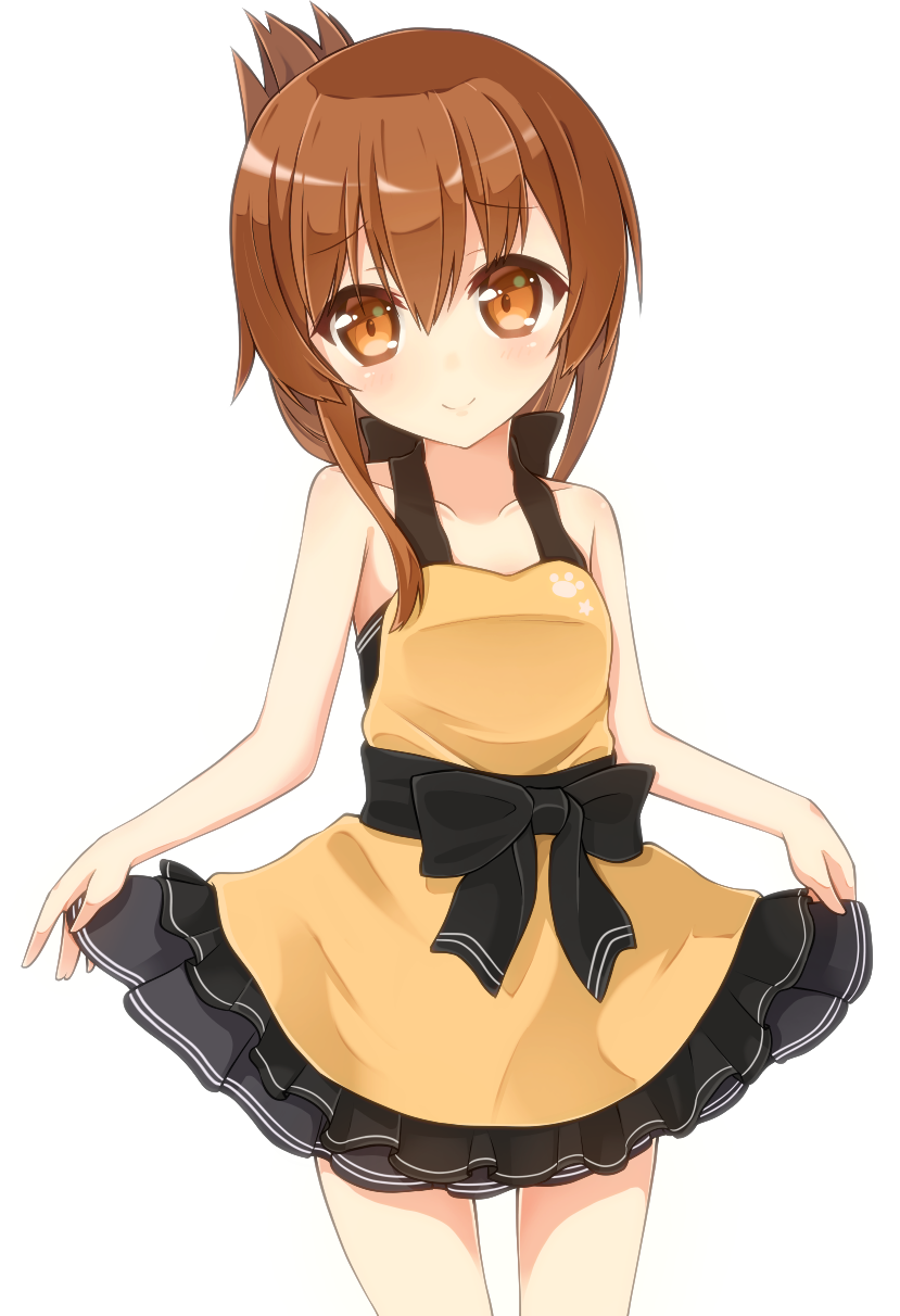 1girl alternate_costume brown_eyes brown_hair half_updo highres inazuma_(kantai_collection) kantai_collection looking_at_viewer rateratte skirt skirt_lift smile solo