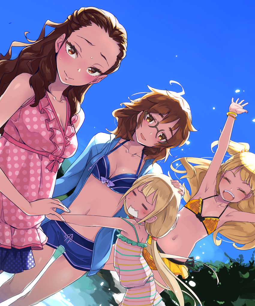 4girls :d =_= ^_^ armpits arms_up beach bikini bikini_shorts blonde_hair blue_bikini blue_sky blush bracelet breasts brown_eyes brown_hair character_request cleavage closed_eyes collarbone dutch_angle futaba_anzu glasses hooded_jacket hoodie idolmaster idolmaster_cinderella_girls jewelry jougasaki_rika kawaty long_hair looking_at_viewer low_twintails multiple_girls navel open_clothes open_hoodie open_mouth outdoors plaid plaid_bikini polka_dot sky small_breasts smile sweat swimsuit tears twintails two_side_up very_long_hair