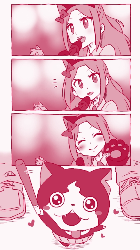 1girl ^_^ animal_ears blush blush_stickers cat cat_ears closed_eyes comic concert fake_animal_ears fangs from_above fusasa gloves glowstick hairband heart jibanyan looking_at_viewer looking_up microphone monochrome notched_ear ohshioyou open_mouth paw_gloves perspective shoes silent_comic singing smile waving youkai youkai_watch