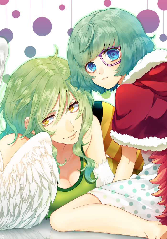 2girls blue_eyes breasts cleavage curry_gohan dress green_hair long_hair looking_at_viewer monet_(one_piece) monocle multiple_girls one_piece polka_dot polka_dot_dress short_hair sugar_(one_piece) wings yellow_eyes