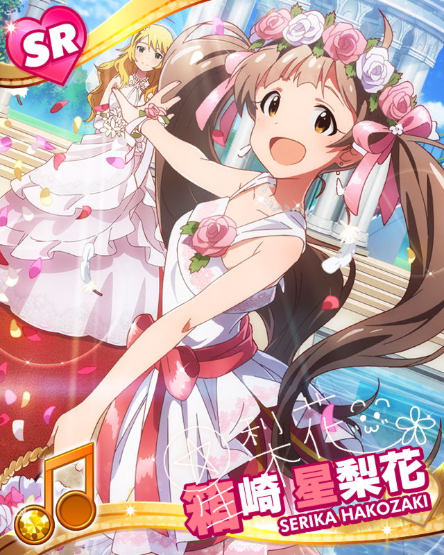 2girls :d blonde_hair bridesmaid brown_hair character_name dress hakozaki_serika head_wreath hoshii_miki idolmaster idolmaster_million_live! looking_at_viewer multiple_girls musical_note official_art open_mouth petals signature smile twintails wedding_dress