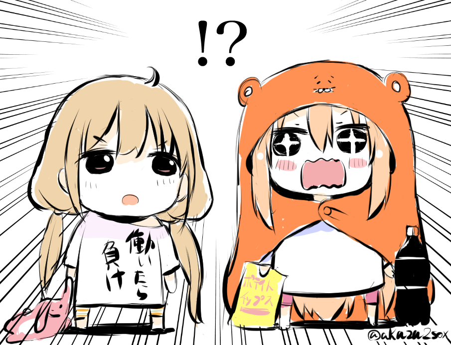 !? +_+ 2girls akaza animal_costume blonde_hair brown_eyes chibi chips cola crossover doma_umaru futaba_anzu himouto!_umaru-chan hood idolmaster idolmaster_cinderella_girls long_hair multiple_girls open_mouth stuffed_animal stuffed_bunny stuffed_toy trait_connection twintails