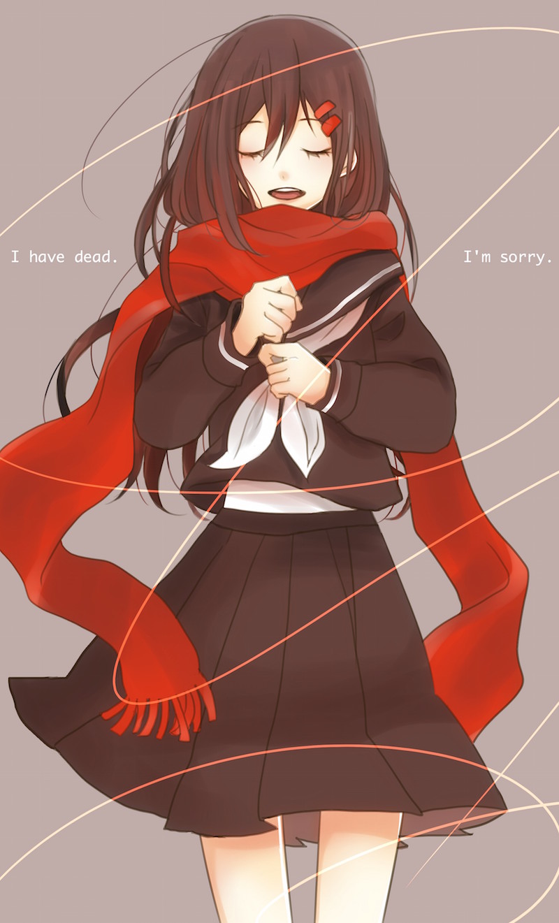 blush brown_hair closed_eyes hairpins kagerou_project long_hair scarf seifuku smile tateyamo_ayano