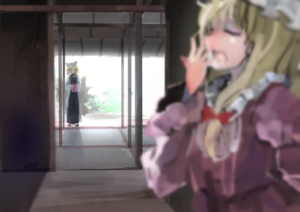 2girls backlighting blonde_hair blurry bow closed_eyes covering_mouth depth_of_field dress eyeshadow fox_tail frilled_sleeves frills hair_bow hand_over_own_mouth hands_together hat ichiba_youichi indoors long_hair looking_at_another makeup mob_cap multiple_girls multiple_tails open_mouth outdoors purple_dress short_hair standing tabard tail touhou white_dress yakumo_ran yakumo_yukari yawning
