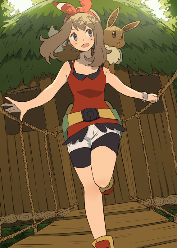 1girl ai-wa bike_shorts blue_eyes brown_hair eevee hair_ribbon haruka_(pokemon) haruka_(pokemon)_(remake) open_mouth pokemon pokemon_(creature) pokemon_(game) pokemon_oras ribbon shirt short_hair shorts sleeveless sleeveless_shirt treehouse