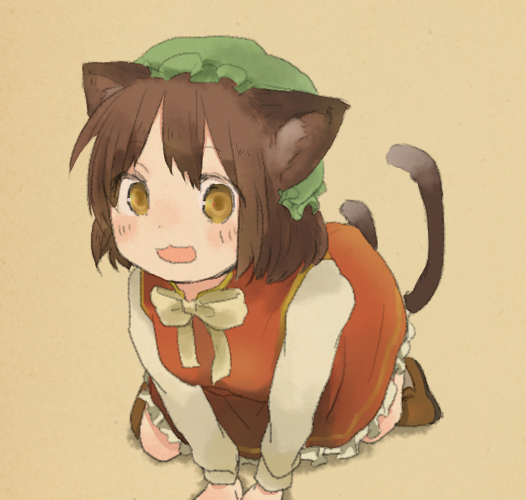 1girl :d all_fours animal_ears brown_background brown_eyes brown_hair cat_ears cat_tail chen citrus_(place) dress fang hands_on_ground long_sleeves looking_at_viewer multiple_tails open_mouth orange_dress red_dress short_hair simple_background sketch smile solo tail touhou two_tails zun_hat