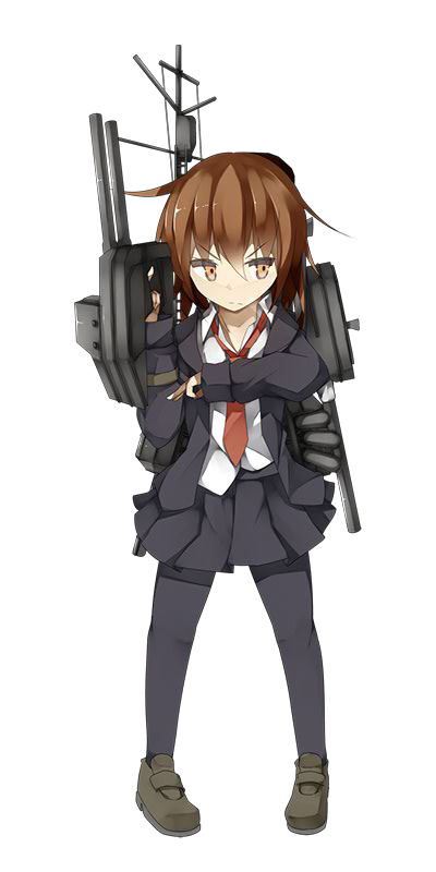 &gt;:( 1girl and_dokari black_legwear black_skirt blazer brown_hair frown full_body kantai_collection loafers long_sleeves looking_away machinery necktie official_art orange_eyes pantyhose pleated_skirt shoes short_hair skirt solo standing transparent_background turret wakaba_(kantai_collection)