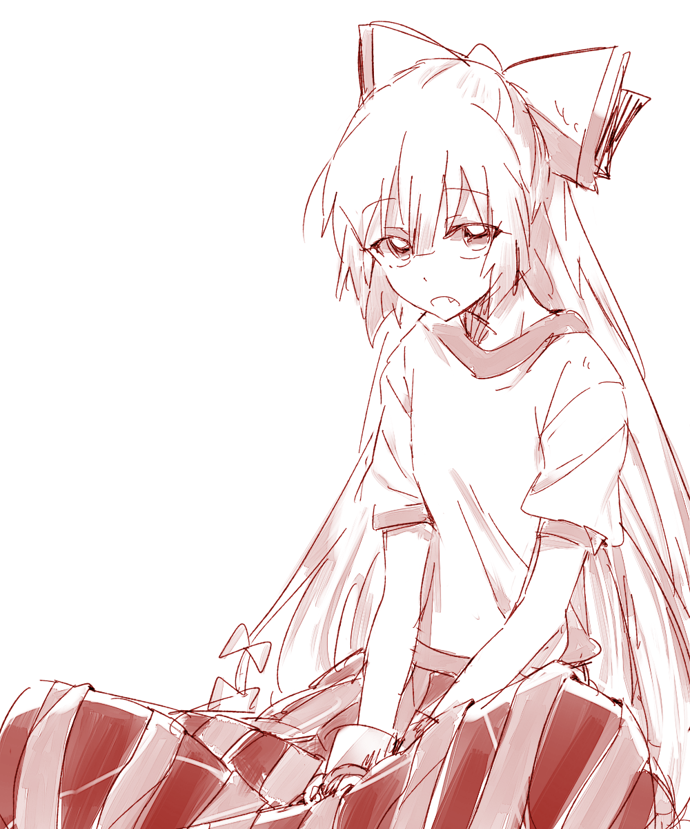 1girl bow crossed_legs fang fujiwara_no_mokou hair_bow hands_on_lap hands_together highres indian_style long_hair looking_at_viewer open_mouth ponytail sitting six_(fnrptal1010) sketch solo t-shirt touhou white_background white_hair
