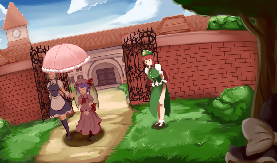 4girls apron arms_behind_back ascot bat_wings beret black_shoes blue_dress blue_hair blue_legwear blue_sky bow braid breasts brick_wall bush clock clock_tower closed_eyes clouds collared_shirt commentary dress gate grass green_vest hands_together hat hat_bow hat_ribbon holding_umbrella hong_meiling izayoi_sakuya kirisame_marisa kneehighs large_breasts leaning_forward long_hair lui421 maid maid_apron mob_cap multiple_girls parasol path pink_shirt pink_skirt puffy_short_sleeves puffy_sleeves redhead remilia_scarlet ribbon road scarlet_devil_mansion shirt shoes short_sleeves side-by-side side_slit silver_hair skirt sky smile socks start touhou tower tree twin_braids umbrella very_long_hair walking wings witch_hat wrist_cuffs