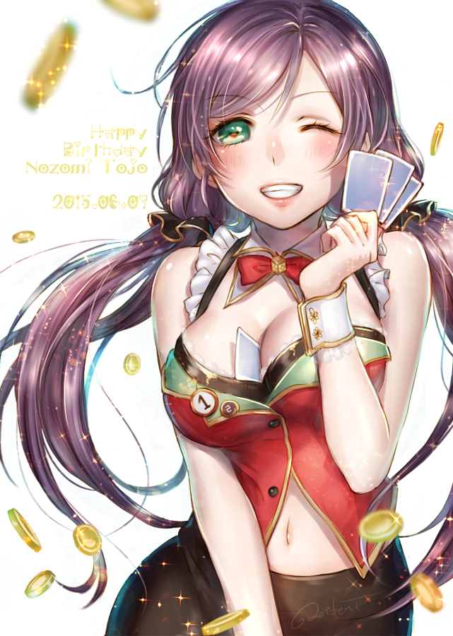 1girl 2015 bangs between_breasts blush breasts card card_between_breasts character_name cleavage dated dice green_eyes happy_birthday holding holding_card lma long_hair looking_at_viewer love_live!_school_idol_project low_twintails motion_blur navel one_eye_closed parted_bangs playing_card poker_chips purple_hair smile solo sparkle toujou_nozomi twintails white_background wrist_cuffs