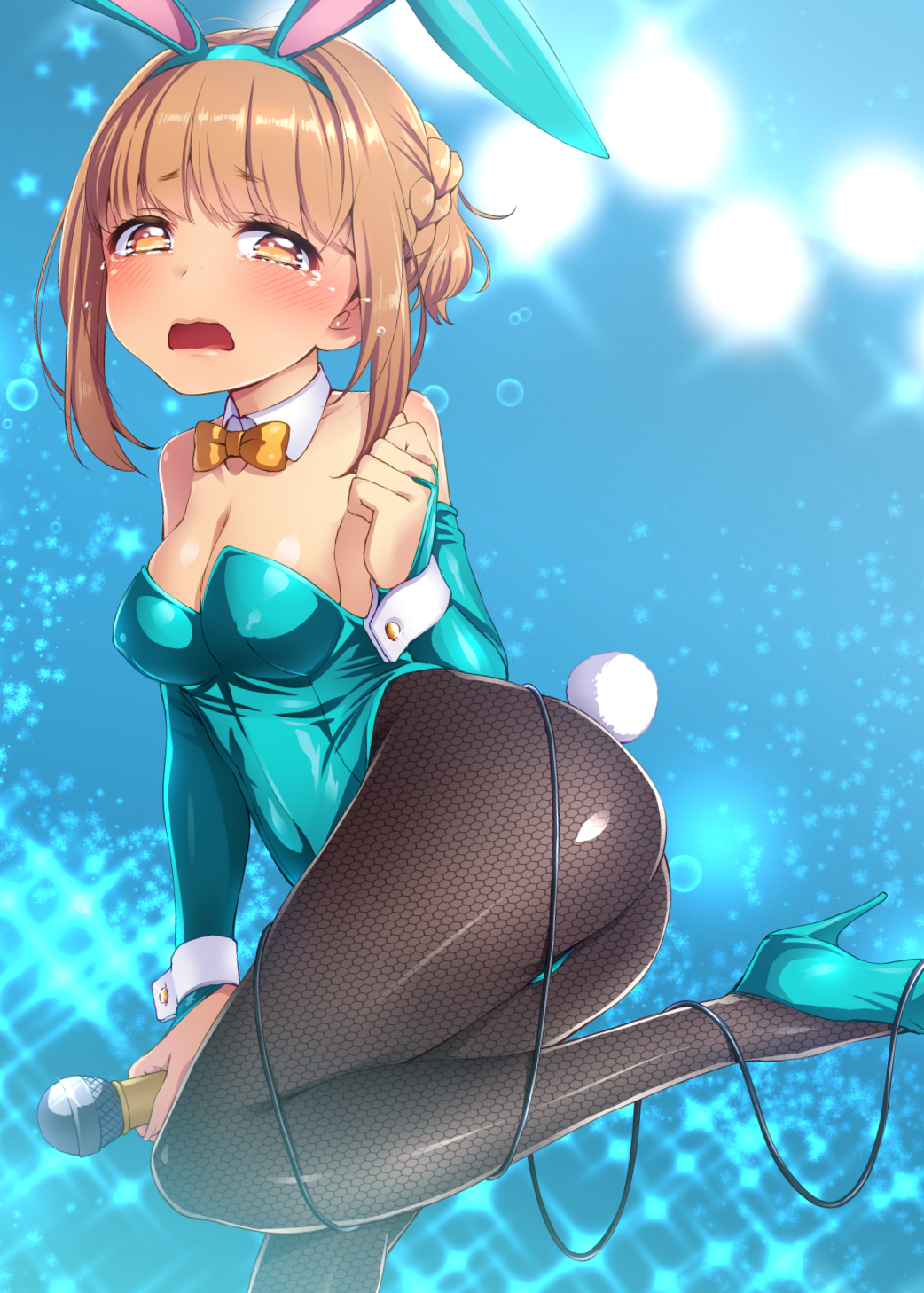 1girl animal_ears ass bangs bare_shoulders blush bowtie braid breasts bridal_gauntlets brown_eyes brown_hair bunny_girl bunny_tail bunnysuit caught cleavage detached_collar fishnet_pantyhose fishnets french_braid highres microphone open_mouth pantyhose rabbit_ears satou_kuuki short_hair solo tail tears tokyo_7th_sisters tsunomori_rona wrist_cuffs