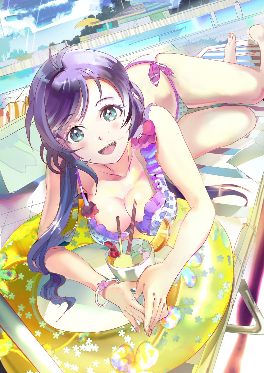 119 1girl bikini breasts green_eyes highres long_hair looking_at_viewer love_live!_school_idol_project open_mouth purple_hair sketch smile solo swimsuit toujou_nozomi twintails