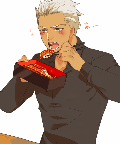 1boy archer casual chopsticks dark_skin eating fate/hollow_ataraxia fate/stay_night fate_(series) food grilled_eel pukkun-apple rice solo white_hair