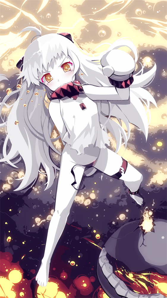 1girl ahoge anklet barefoot black_panties blush damaged fire horns jewelry kantai_collection long_hair looking_at_viewer mittens monster northern_ocean_hime pale_skin panties shinkaisei-kan smoke solo tears torn_clothes torn_panties tranquillianusmajor underwear white_hair yellow_eyes