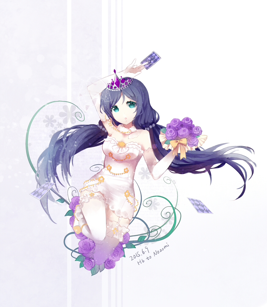 1girl bouquet breasts card cuivre flower green_eyes long_hair love_live!_school_idol_project purple_hair solo toujou_nozomi twintails