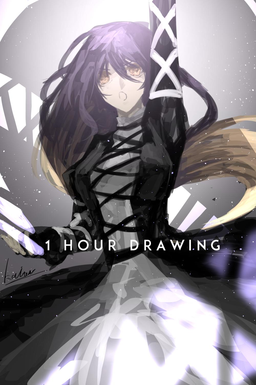 1girl arm_up artist_name bangs black_dress blurry breasts brown_eyes brown_hair depth_of_field dress english gradient gradient_background gradient_hair grey_background highres hijiri_byakuren kaitou0215 light light_particles long_hair multicolored_hair open_mouth outstretched_arm purple_hair reaching serious signature solo sorcerer's_sutra_scroll touhou very_long_hair white_dress
