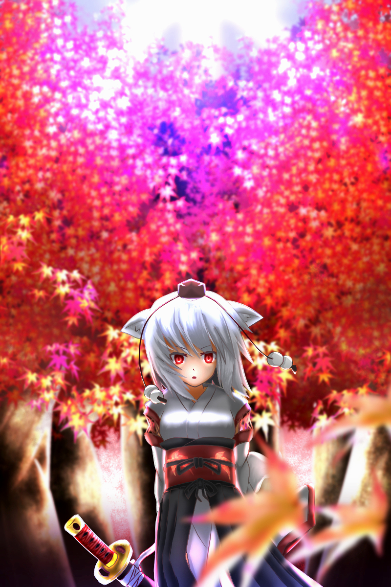 1girl animal_ears autumn autumn_leaves breasts detached_sleeves forest hat highres inubashiri_momiji kourindou_tengu_costume leaf looking_at_viewer nature open_mouth red_eyes shield short_hair silver_hair solo sword tokin_hat touhou weapon wolf_ears zakkuru_(zacky424)
