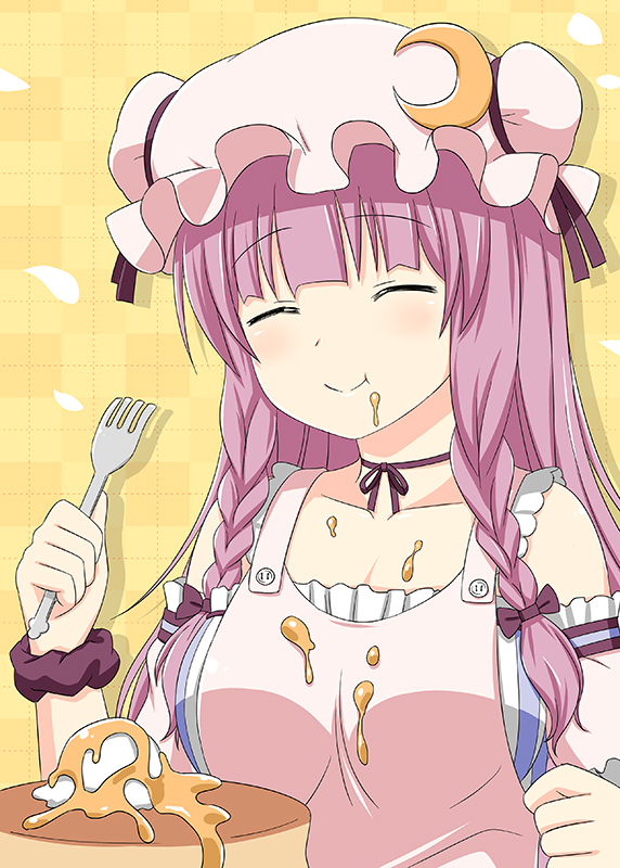 1girl apron bare_shoulders braid collarbone cpu_(hexivision) crescent_hair_ornament dress eating food food_on_clothes food_on_face fork hair_ornament large_breasts long_hair messy mob_cap pancake patchouli_knowledge purple_hair smile solo striped striped_dress touhou twin_braids