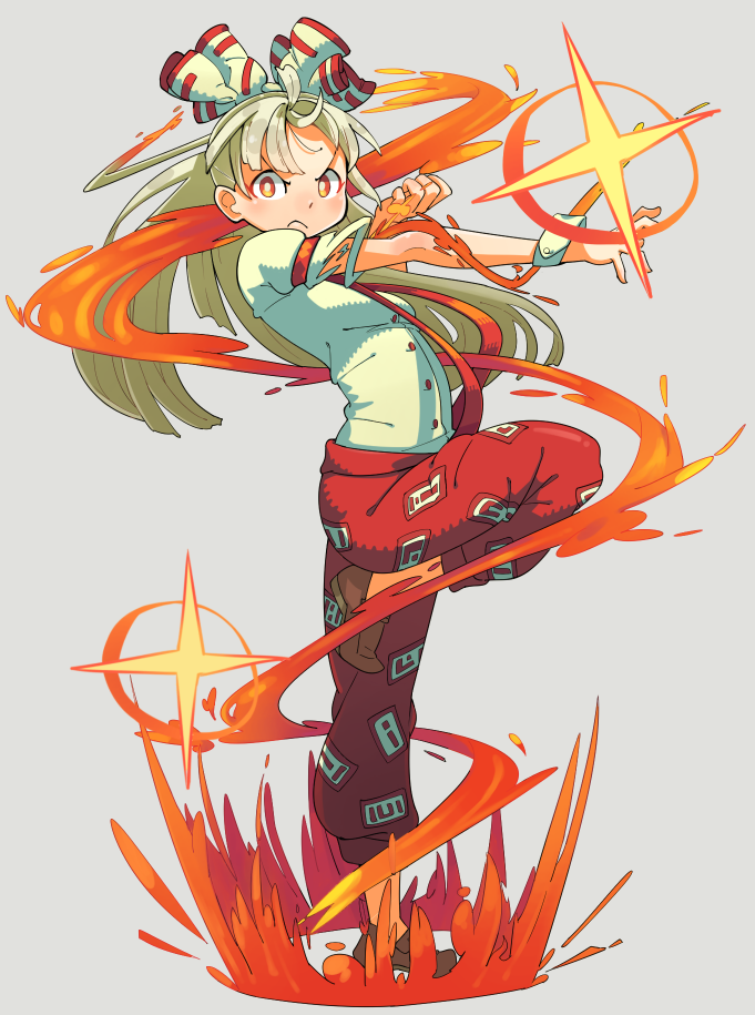 1girl fire from_side fujiwara_no_mokou full_body hair_ribbon long_hair looking_at_viewer outstretched_arm pants platinum_blonde red_pants ribbon serious simple_background solo standing_on_one_leg torn_sleeve touhou zaki_(mr_zaki0808)