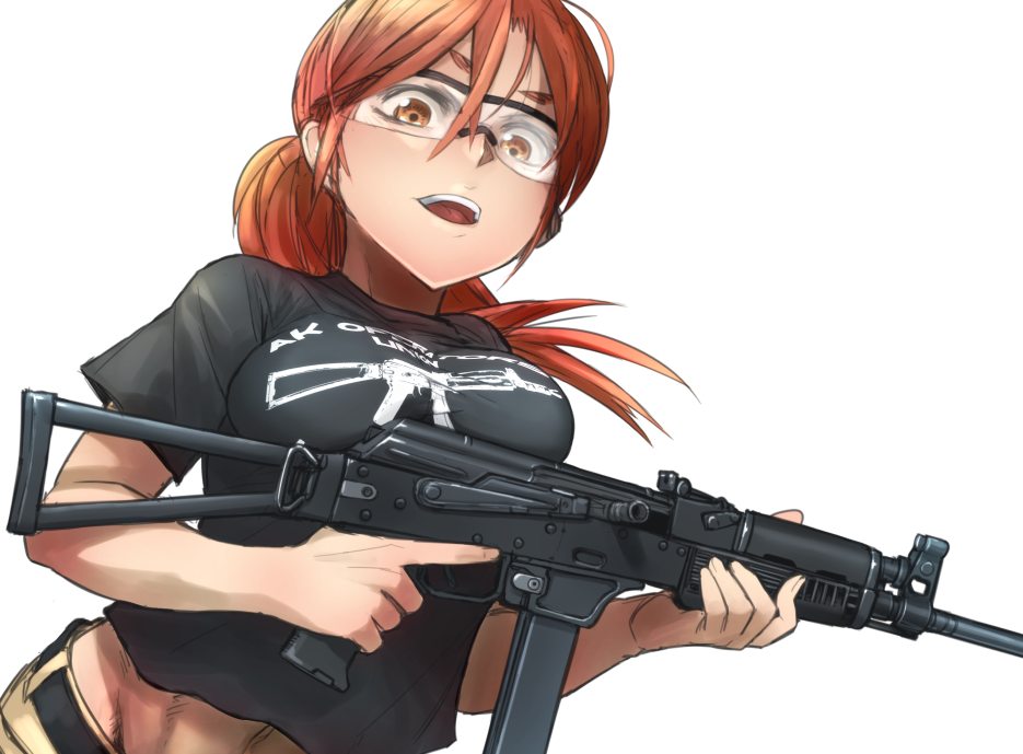 1girl akx-9 assault_rifle didloaded goggles gun long_hair looking_at_viewer open_mouth orange_eyes orange_hair original ponytail rifle simple_background solo trigger_discipline weapon