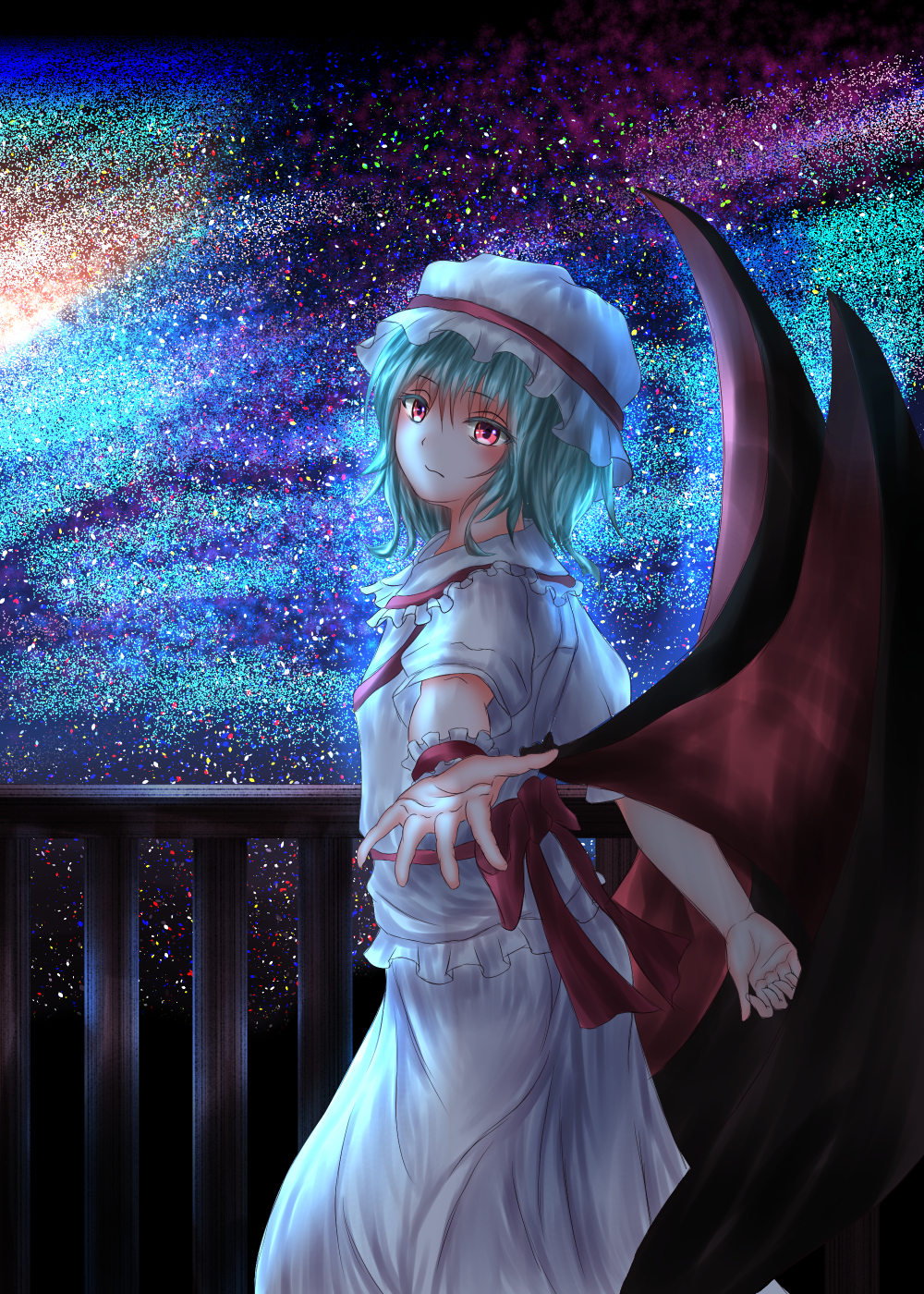 1girl arm_behind_back balcony bat_wings blue_hair head_tilt highres light_frown looking_at_viewer mob_cap outstretched_hand red_eyes remilia_scarlet short_hair short_sleeves skirt skirt_set sky solo star_(sky) starry_sky thcapenxer1234 touhou wings wrist_cuffs