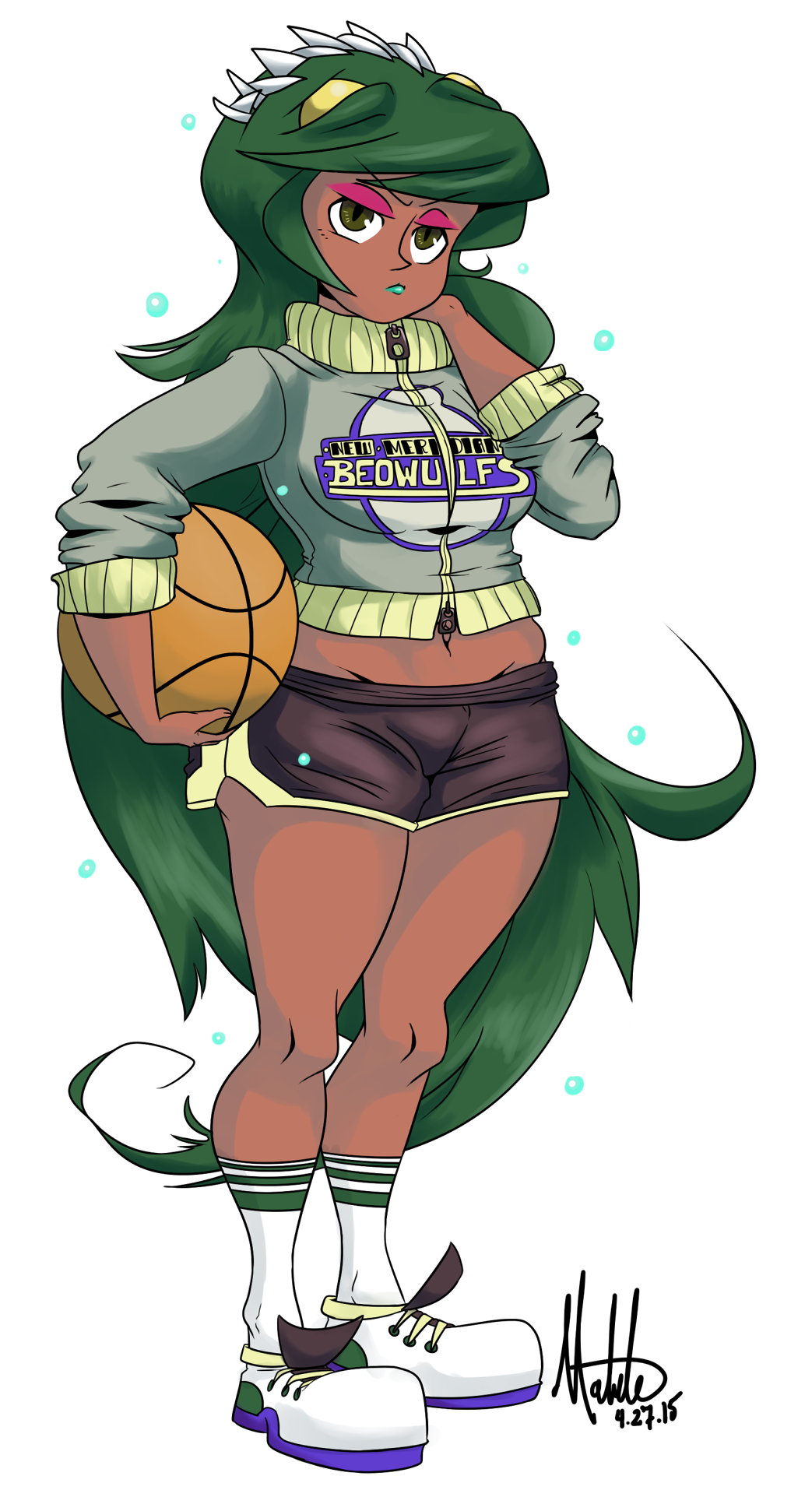 1girl ball basketball belly brown_eyes cordax dark_skin eyeshadow fukua_(skullgirls) full_body green_hair green_lipstick highres lipstick living_hair long_hair makeup midriff shamone_(skullgirls) shoes short_shorts shorts signature skullgirls sleeves_pushed_up sneakers socks solo track_jacket very_long_hair