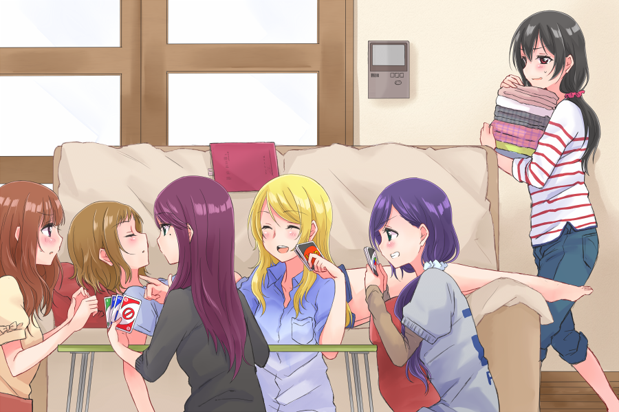 ayase_eli black_hair blonde_hair brown_hair casual couch green_eyes hair_down kira_tsubasa long_hair love_live!_school_idol_project open_mouth purple_hair red_eyes satsuma_age short_hair smile toudou_erena toujou_nozomi uno_(game) violet_eyes yazawa_nico yuuki_anju