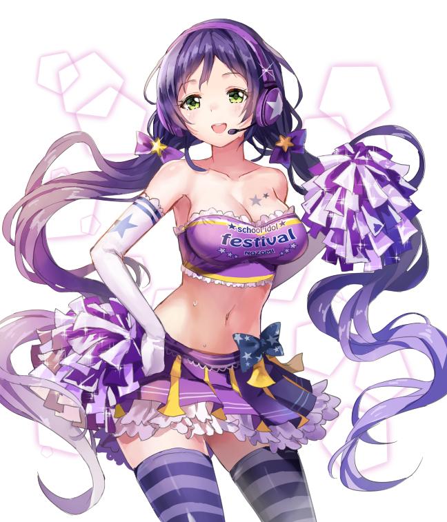 1girl 77gl :d bow breasts cheerleader clothes_writing colored_stripes elbow_gloves english glint gloves green_eyes hair_bow hair_ornament headset long_hair looking_at_viewer love_live!_school_idol_project low_twintails midriff open_mouth pom_poms purple_hair purple_legwear skirt smile solo star_hair_ornament star_print strapless striped striped_legwear sweat takaramonozu thigh-highs toujou_nozomi tubetop twintails very_long_hair white_background white_gloves