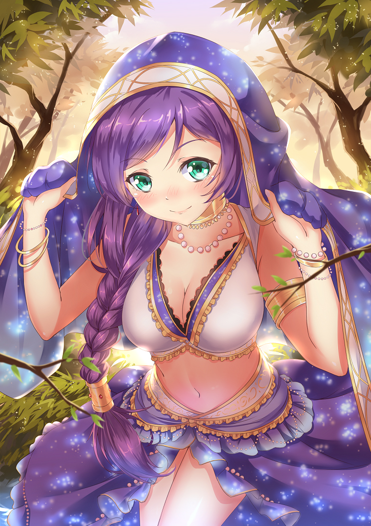 1girl blush bracelet braid breasts bustier cleavage collarbone forest green_eyes hood jewelry large_breasts long_hair looking_at_viewer love_live!_school_idol_project midriff nature navel necklace pc9527 purple_hair showgirl_skirt single_braid smile solo toujou_nozomi tree very_long_hair